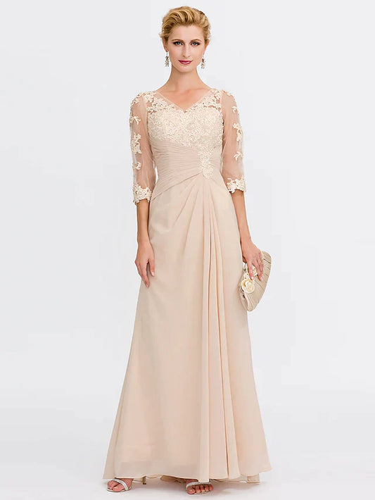 Mother of the Bride Dress Elegant See Through V Neck Floor Length Chiffon Sheer Lace Half Sleeve with Appliques Side Draping