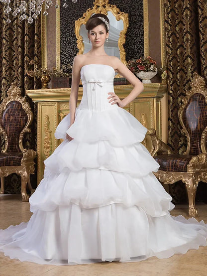 Ball Gown Wedding Dresses Strapless Court Train Organza Satin Strapless with Pick Up Skirt Bow(s)