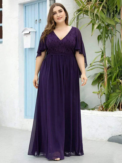 Plus Size Deep V Neck Lace Bodice Long Flowy Evening Dress Party Dresses Wedding Guest Dresses