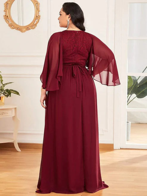 Plus Size Deep V Neck Lace Bodice Long Flowy Evening Dress Party Dresses Wedding Guest Dresses