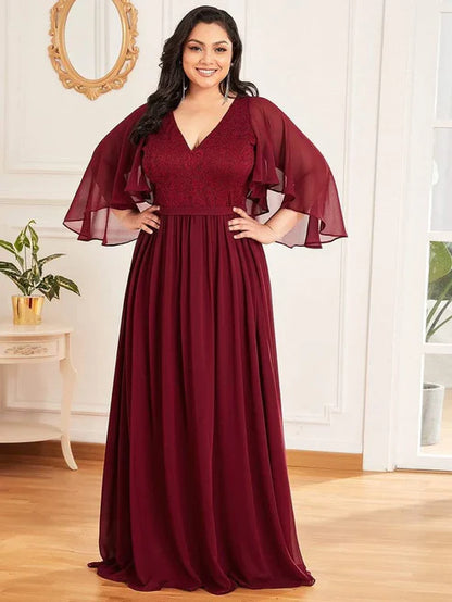 Plus Size Deep V Neck Lace Bodice Long Flowy Evening Dress Party Dresses Wedding Guest Dresses