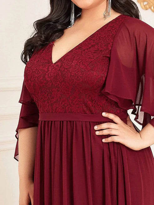 Plus Size Deep V Neck Lace Bodice Long Flowy Evening Dress Party Dresses Wedding Guest Dresses