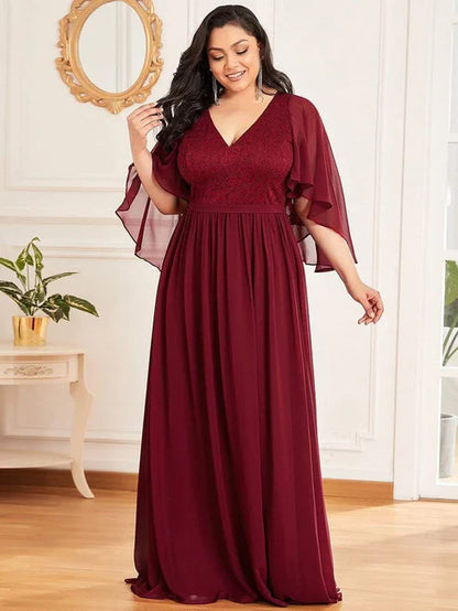 Plus Size Deep V Neck Lace Bodice Long Flowy Evening Dress Party Dresses Wedding Guest Dresses