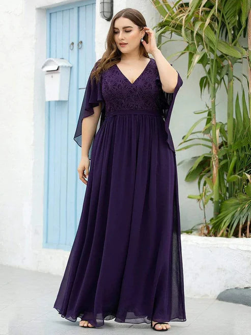 Plus Size Deep V Neck Lace Bodice Long Flowy Evening Dress Party Dresses Wedding Guest Dresses