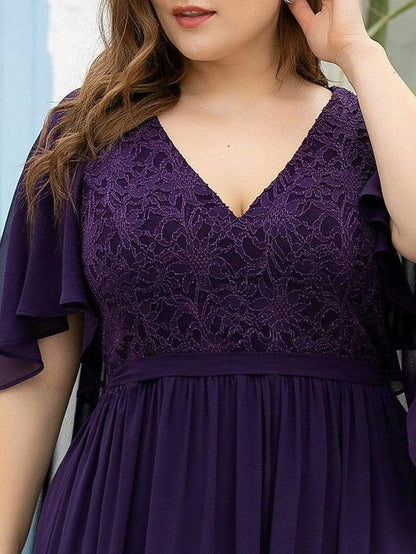 Plus Size Deep V Neck Lace Bodice Long Flowy Evening Dress Party Dresses Wedding Guest Dresses