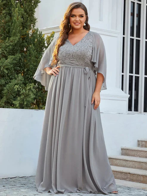 Plus Size Deep V Neck Lace Bodice Long Flowy Evening Dress Party Dresses Wedding Guest Dresses