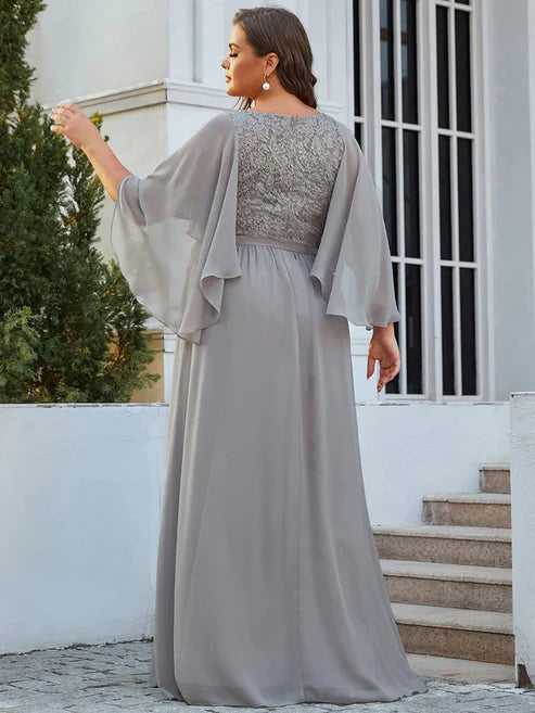 Plus Size Deep V Neck Lace Bodice Long Flowy Evening Dress Party Dresses Wedding Guest Dresses