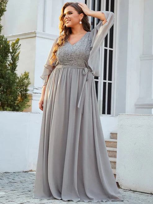 Plus Size Deep V Neck Lace Bodice Long Flowy Evening Dress Party Dresses Wedding Guest Dresses