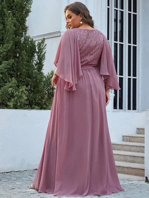 Plus Size Deep V Neck Lace Bodice Long Flowy Evening Dress Party Dresses Wedding Guest Dresses