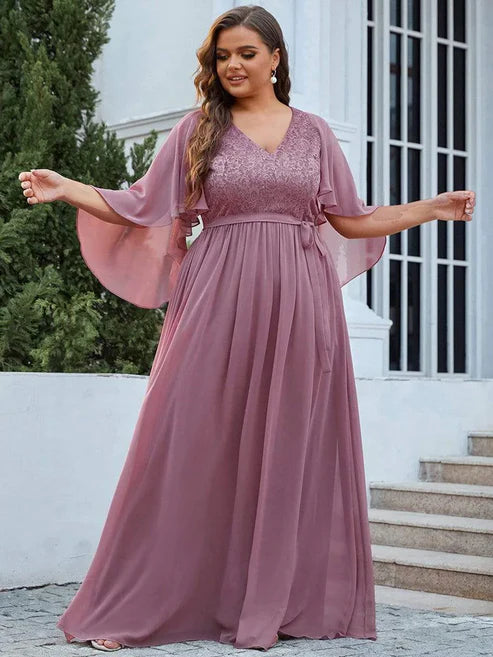 Plus Size Deep V Neck Lace Bodice Long Flowy Evening Dress Party Dresses Wedding Guest Dresses