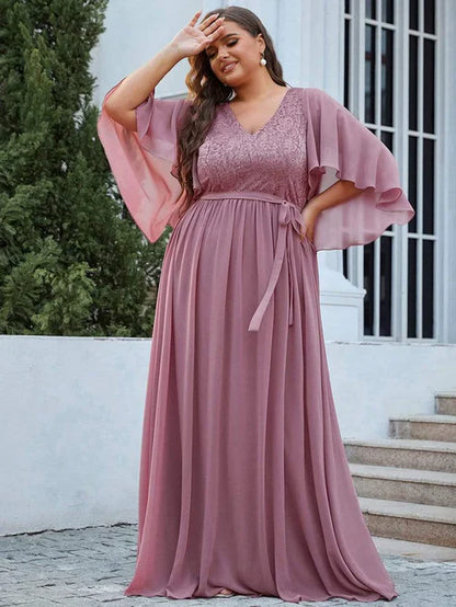 Plus Size Deep V Neck Lace Bodice Long Flowy Evening Dress Party Dresses Wedding Guest Dresses