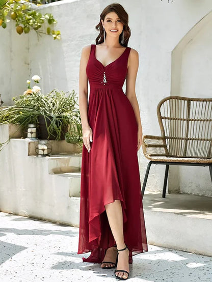 A Line V-Neck High-Low Sleeveless Floor Length Chiffon Evening Party Dress Wedding Guest Dresses