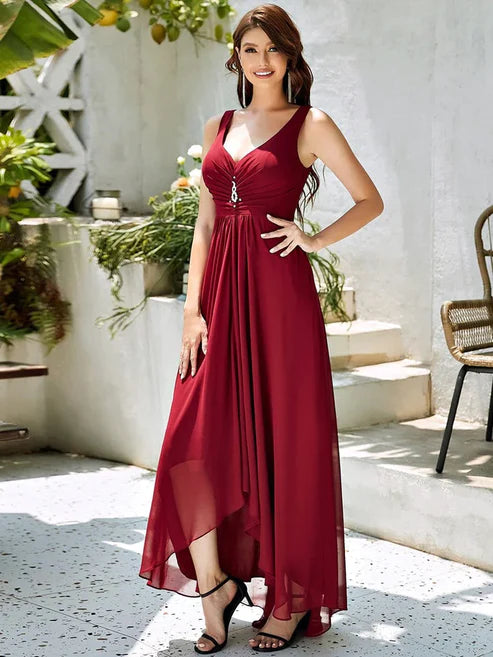 A Line V-Neck High-Low Sleeveless Floor Length Chiffon Evening Party Dress Wedding Guest Dresses