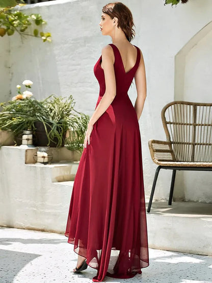 A Line V-Neck High-Low Sleeveless Floor Length Chiffon Evening Party Dress Wedding Guest Dresses