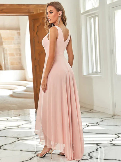 A Line V-Neck High-Low Sleeveless Floor Length Chiffon Evening Party Dress Wedding Guest Dresses