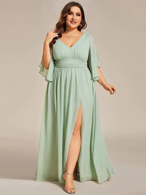 Plus Size Half Sleeve Pleated A-Line V-Neck Chiffon Bridesmaid Dress/Prom Dresses With Slit