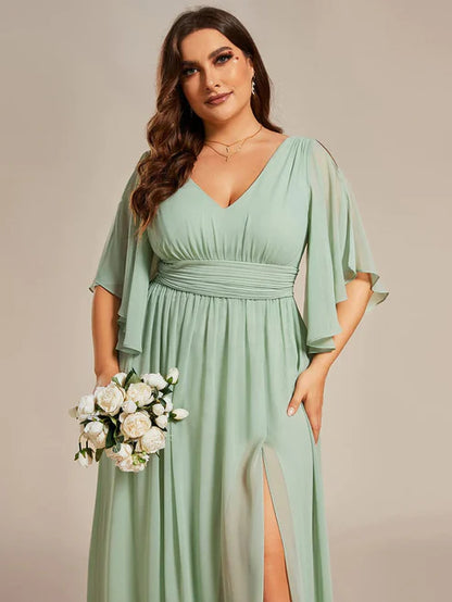 Plus Size Half Sleeve Pleated A-Line V-Neck Chiffon Bridesmaid Dress/Prom Dresses With Slit