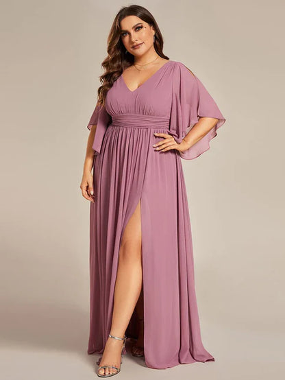 Plus Size Half Sleeve Pleated A-Line V-Neck Chiffon Bridesmaid Dress/Prom Dresses With Slit