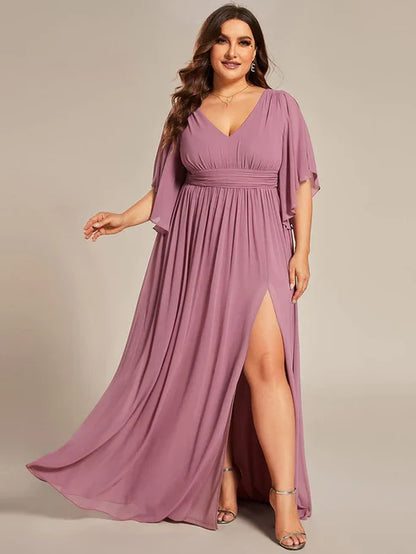 Plus Size Half Sleeve Pleated A-Line V-Neck Chiffon Bridesmaid Dress/Prom Dresses With Slit