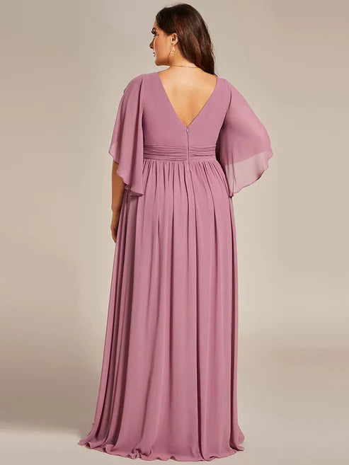 Plus Size Half Sleeve Pleated A-Line V-Neck Chiffon Bridesmaid Dress/Prom Dresses With Slit