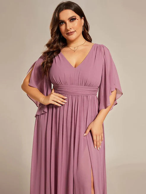 Plus Size Half Sleeve Pleated A-Line V-Neck Chiffon Bridesmaid Dress/Prom Dresses With Slit