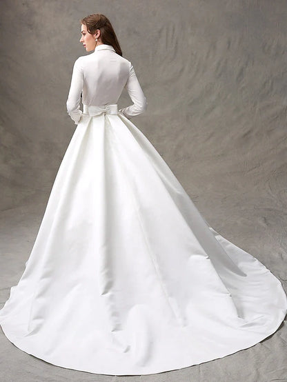 Ball Gown Wedding Dresses High Neck Satin Long Sleeve Glamorous Sparkle & Shine with Bowknot Sash Ribbon Beading