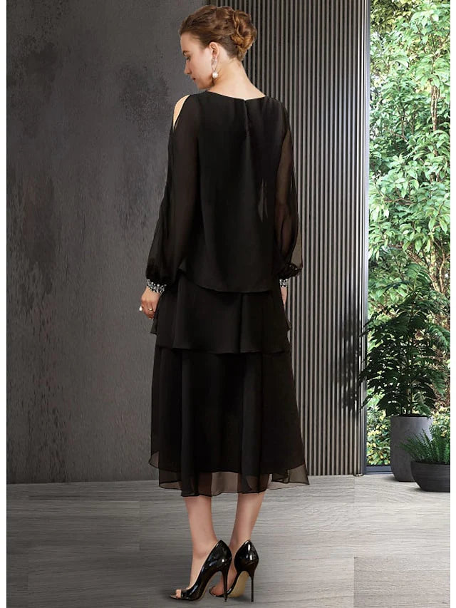 A-Line Mother of the Bride Dress Elegant Jewel Neck Asymmetrical Chiffon Long Sleeve with Sequin Tier