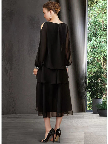 A-Line Mother of the Bride Dress Elegant Jewel Neck Asymmetrical Chiffon Long Sleeve with Sequin Tier