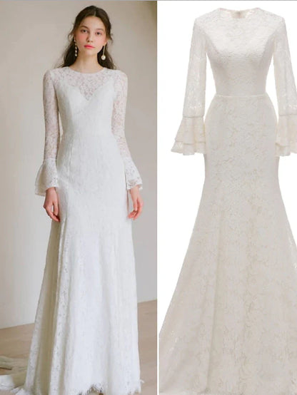 A-Line Wedding Dresses Jewel Neck Lace Long Sleeve Romantic with Appliques