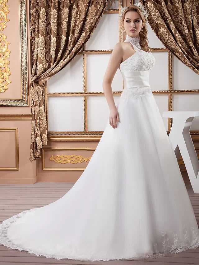 A-Line Wedding Dresses One Shoulder Court Train Lace Organza Satin Spaghetti Strap with Ruched Lace Insert Cascading Ruffles