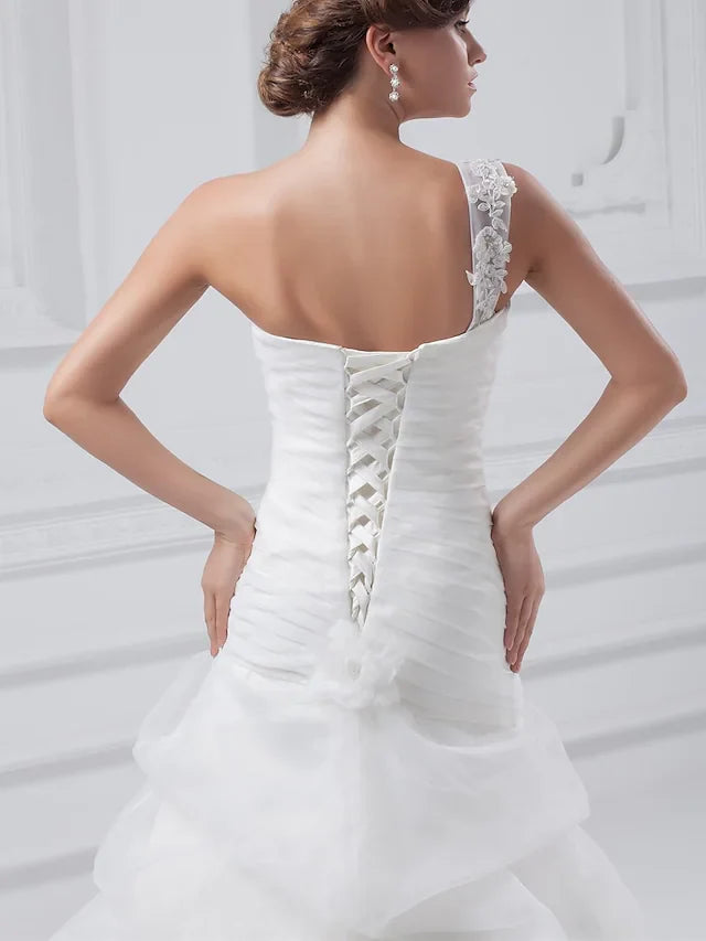 A-Line Wedding Dresses One Shoulder Court Train Organza Satin Spaghetti Strap with Pick Up Skirt Ruched Appliques