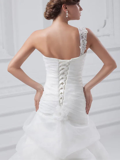 A-Line Wedding Dresses One Shoulder Court Train Organza Satin Spaghetti Strap with Pick Up Skirt Ruched Appliques