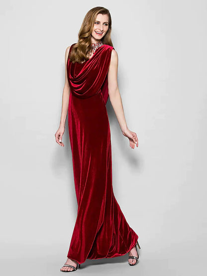 Mother of the Bride Dress Cowl Neck Floor Length Velvet Sleeveless with Crystals Beading