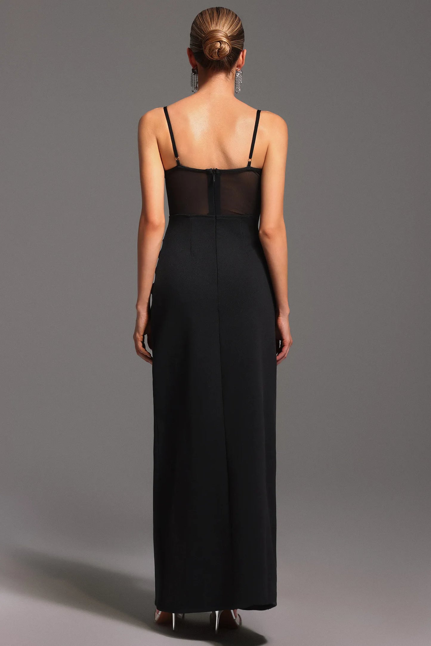 Edgy Black Spaghetti Strap with Sheer Mesh Bodice, Crystal Star Detail and High Slit Mermaid Evening Dress