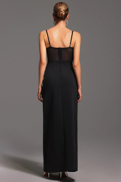 Edgy Black Spaghetti Strap with Sheer Mesh Bodice, Crystal Star Detail and High Slit Mermaid Evening Dress