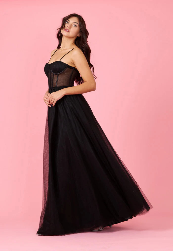 Edgy Black Strapless with Sheer Mesh Corset Bodice, Lace-Up Back and Flowy Tulle Ballgown Evening Dress