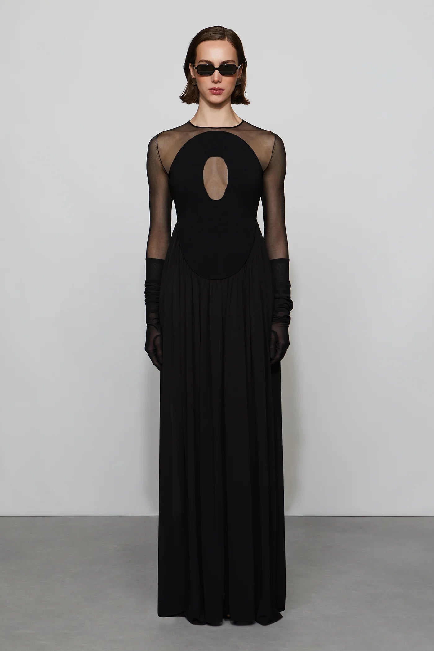 Edgy Modern Black Sheer Mesh Long Sleeve Cut-Out Detail Floor-Length Evening Dress