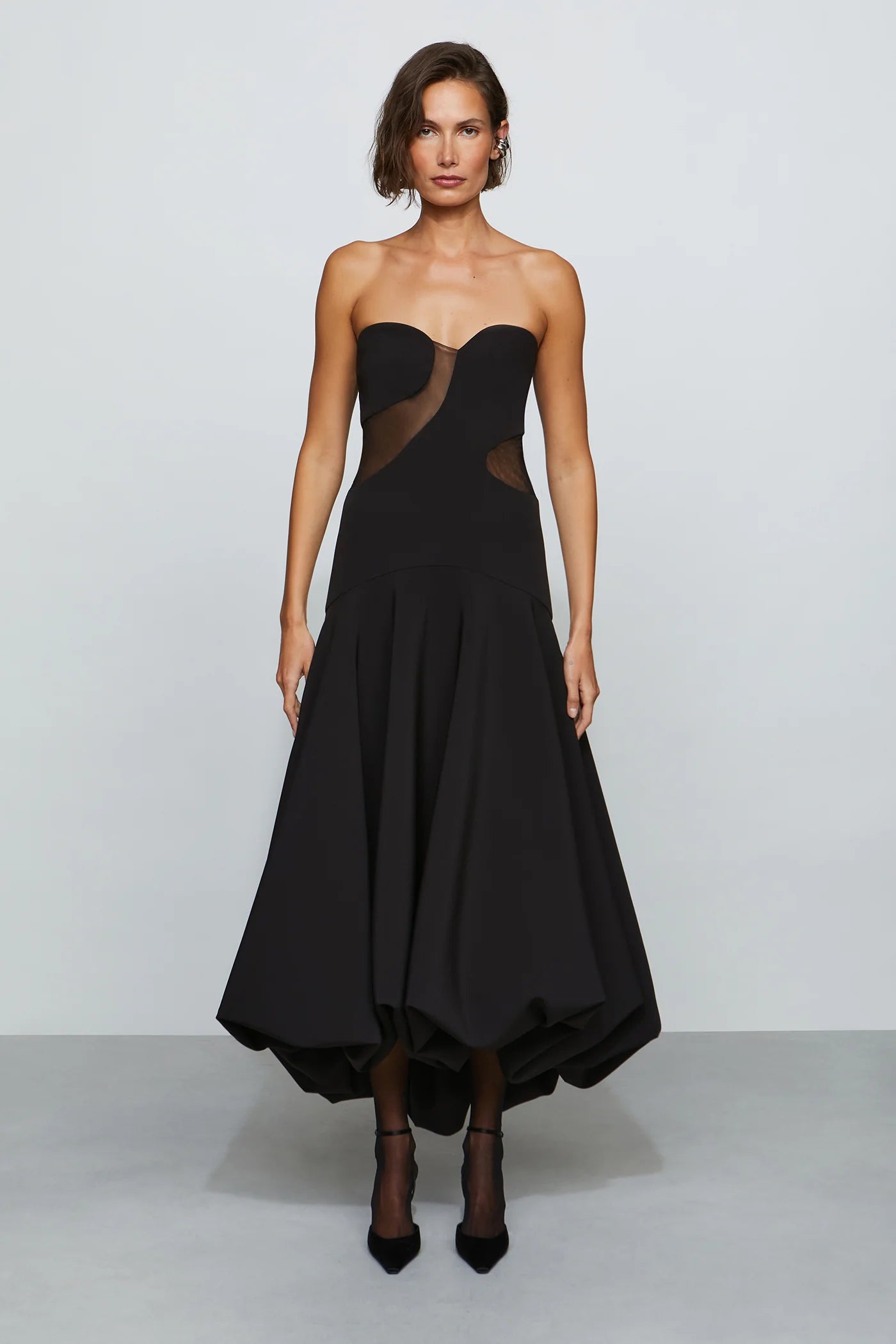Edgy Modern Black Strapless Sweetheart Neck Sheer Mesh Cut-Out Bubble Hem Midi Evening Dress