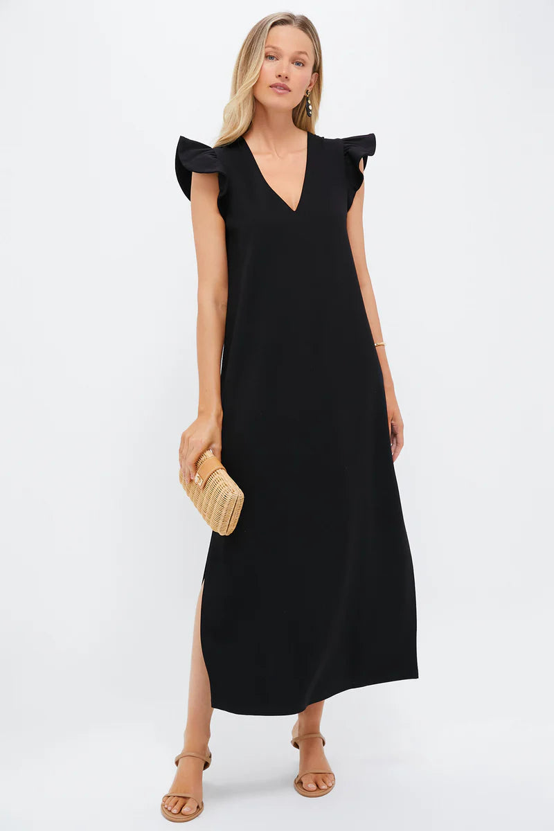 Effortless Black Maxi Dress with Ruffle Cap Sleeves and V-Neck, Evening Dresses