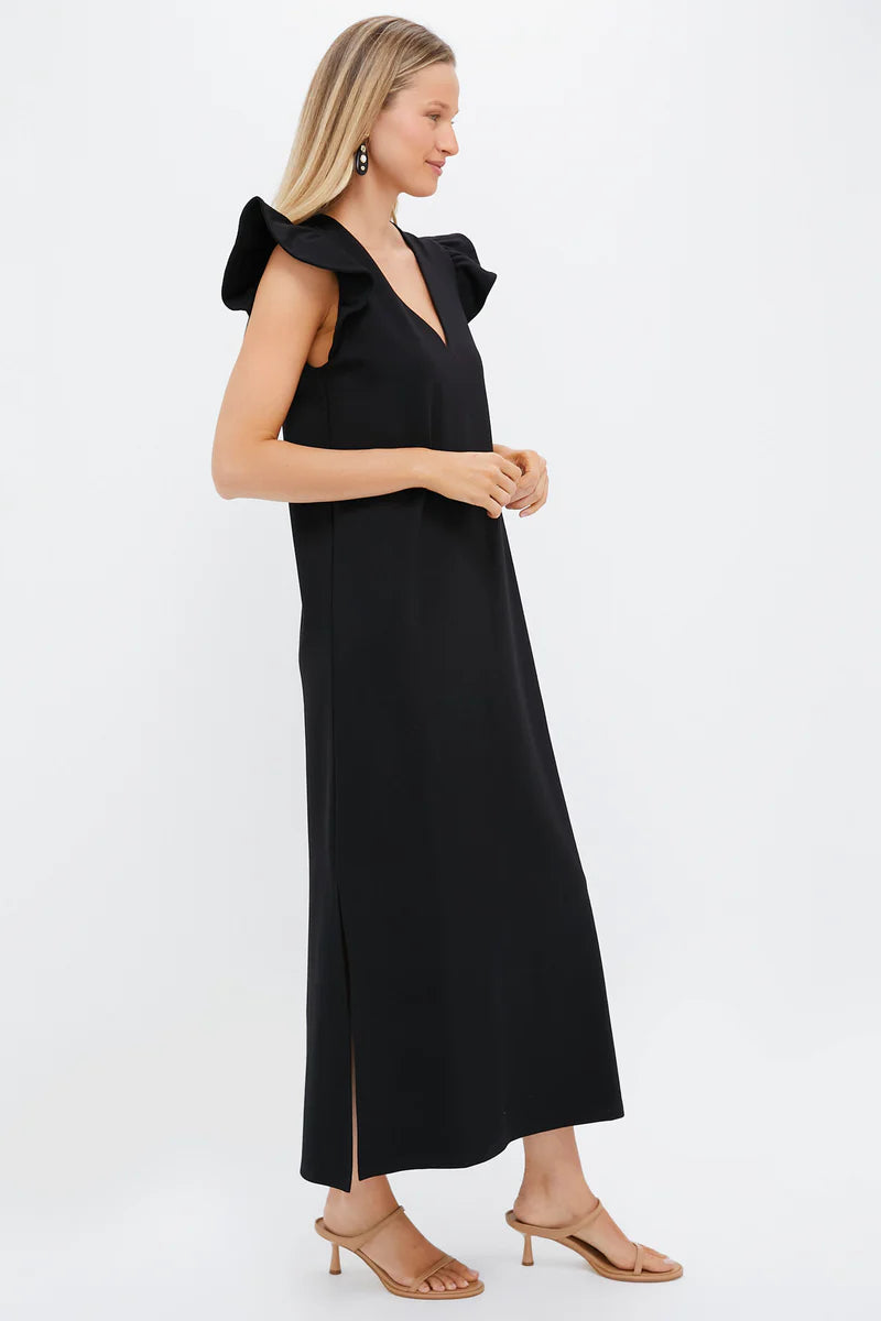 Effortless Black Maxi Dress with Ruffle Cap Sleeves and V-Neck, Evening Dresses