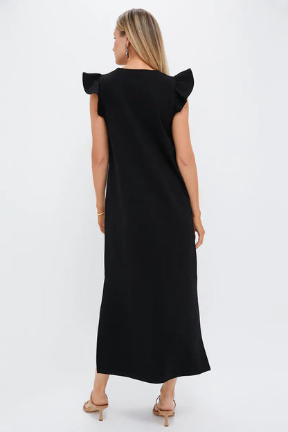 Effortless Black Maxi Dress with Ruffle Cap Sleeves and V-Neck, Evening Dresses