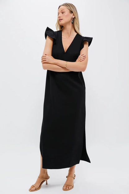 Effortless Black Maxi Dress with Ruffle Cap Sleeves and V-Neck, Evening Dresses