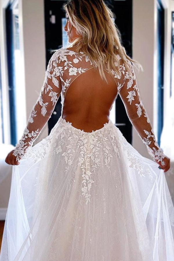 A-line V Neck Lace Long Sleeves Wedding Dresses