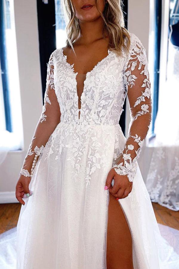 A-line V Neck Lace Long Sleeves Wedding Dresses