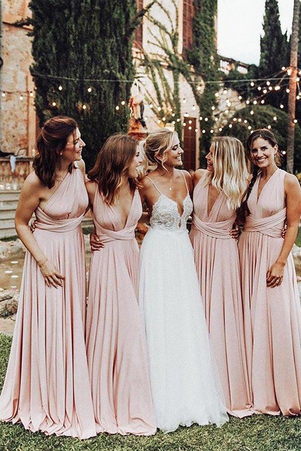 Elegant A Line V Neck Elastic Satin Pink Pleats Long Bridesmaid Dresses