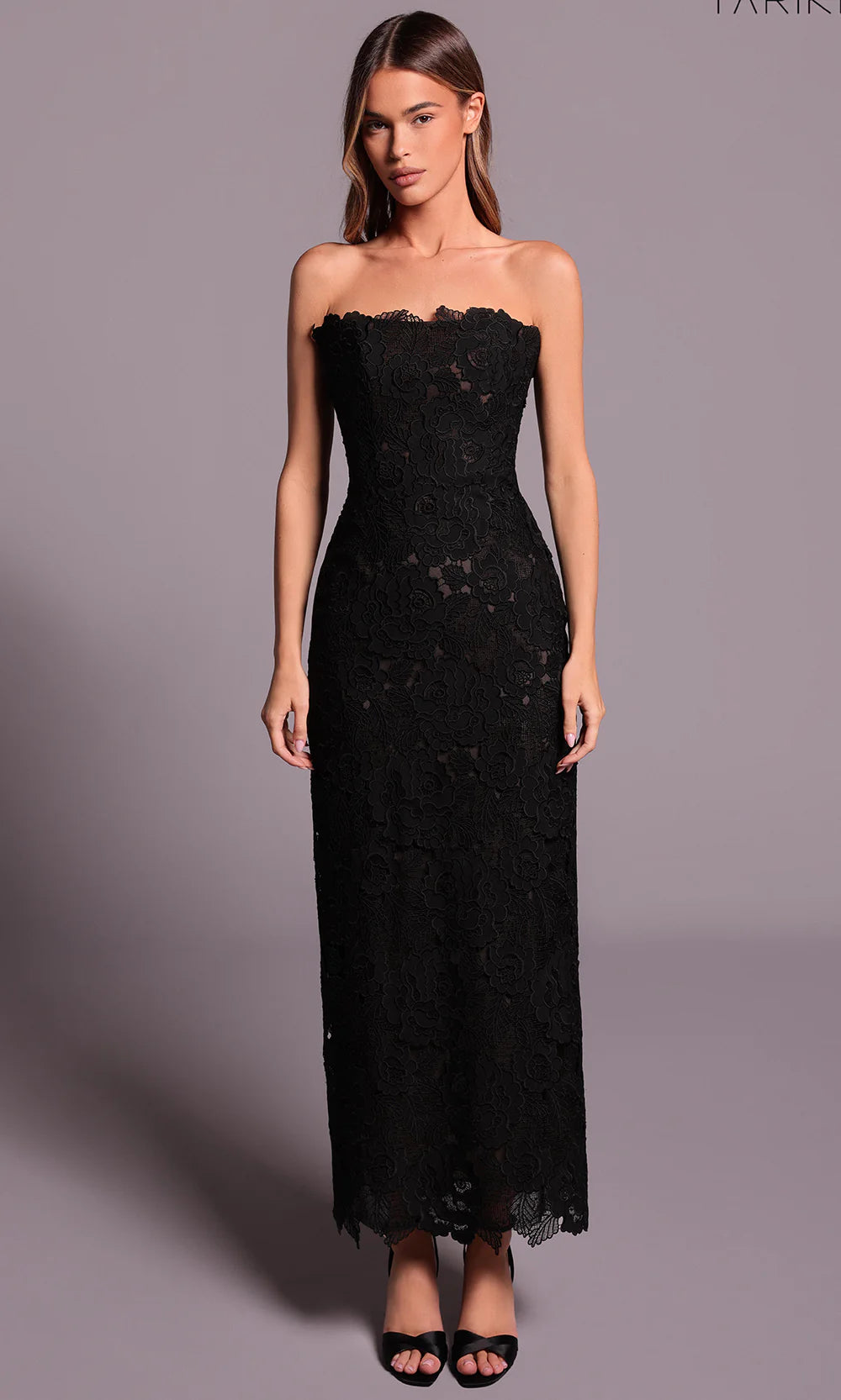 Elegant Black Floral Lace Strapless Fitted Midi Evening Dress
