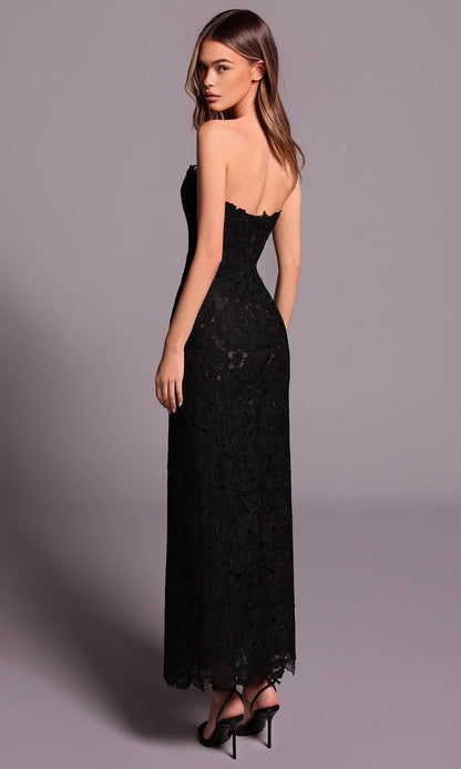 Elegant Black Floral Lace Strapless Fitted Midi Evening Dress