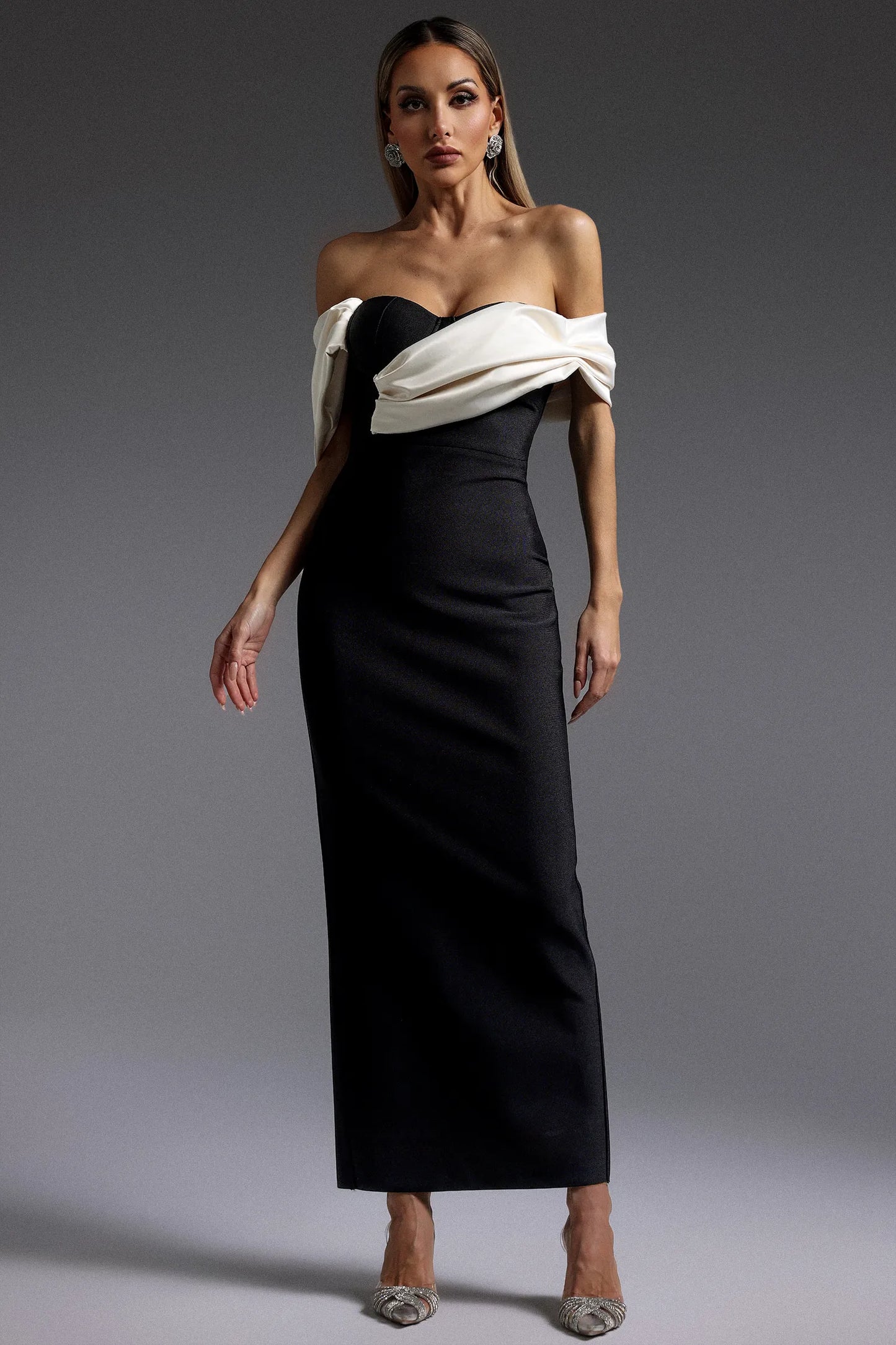 Elegant Black and Ivory Off-the-Shoulder with Oversized Satin Collar and High Slit Mermaid Evening Dress