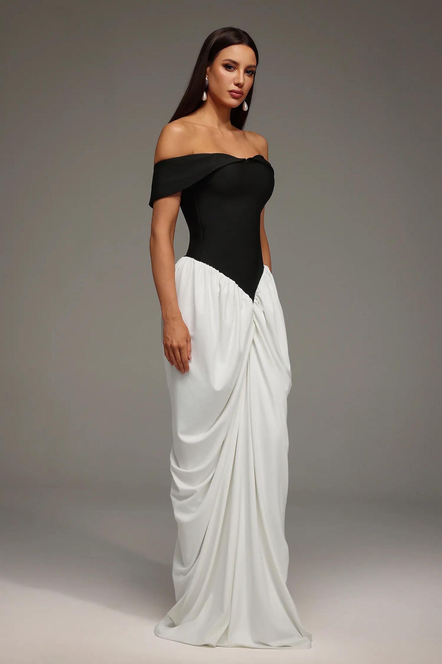 Elegant Black and White Off-the-Shoulder with Corset Lace-Up Back and Ruched Mermaid Evening Dress