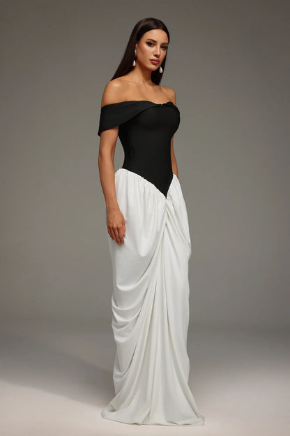 Elegant Black and White Off-the-Shoulder with Corset Lace-Up Back and Ruched Mermaid Evening Dress